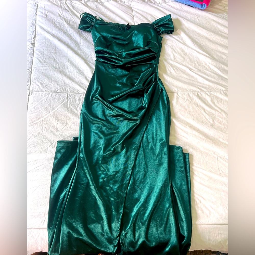 Long satin off the shoulder green dress